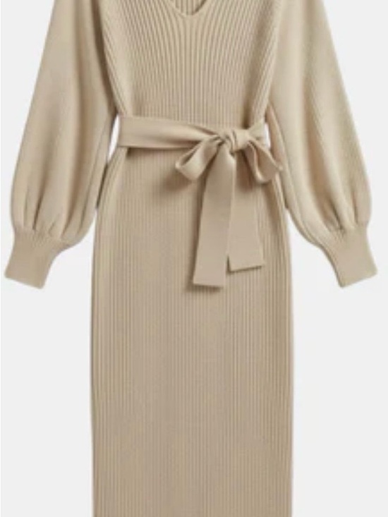 Zesica Dresses & Skirts - Ribbed V-Neck Belted Long Sleeve Dress in Beige
